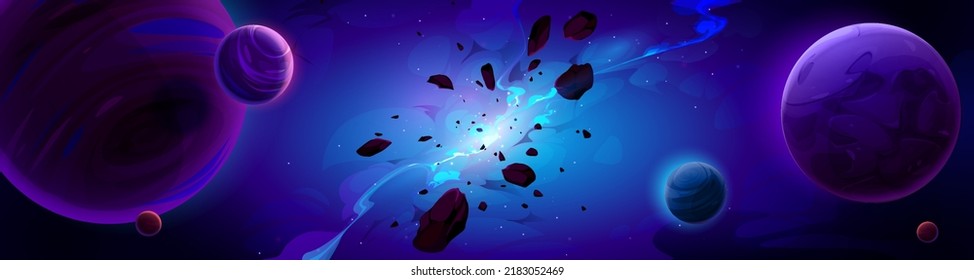 Cartoon blue space background with glowing galaxy nebula and flying rocks and planets in dark starry sky. Birth of new star, explode in universe. Fantasy alien world, cosmos view, Vector illustration