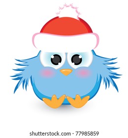 Cartoon blue sparrow in a red cap. Illustration on white background