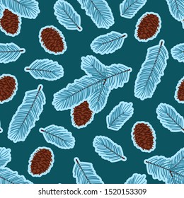 cartoon blue spruce branches on dark blue background with cones seamless pattern, christmas and new year paper, fabric, textile, decoration, editable vector illustration