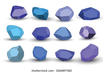 Cartoon blue stones. Rock stone isometric set. Colorful boulders, natural building block shapes, wall stones. 3d flat isolated illustration. Vector collection.