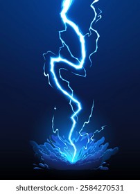 Cartoon blue thunder bolt, lightning thunderbolt effect. Vector vibrant electric thunderstorm energy attack, magic power or shock hitting the ground with powerful intensity and electricity impact