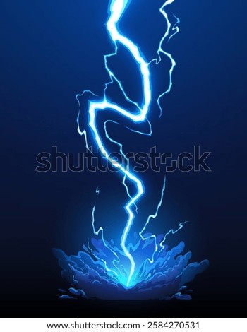 Cartoon blue thunder bolt, lightning thunderbolt effect. Vector vibrant electric thunderstorm energy attack, magic power or shock hitting the ground with powerful intensity and electricity impact