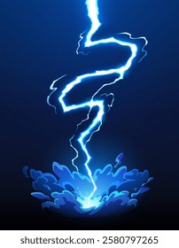 Cartoon blue thunderbolt lightning, game thunder bolt effect, electric thunderstorm conveys sense of power and otherworldly force with vibrant, glowing charges hitting the ground with energy and smoke