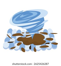 Cartoon blue tornado is swirling over a brown and white surface