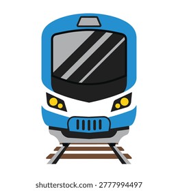 Cartoon blue train front view with yellow headlights on white background, transportation concept