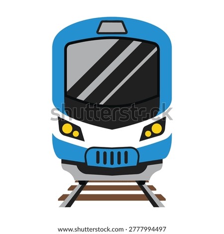 Cartoon blue train front view with yellow headlights on white background, transportation concept