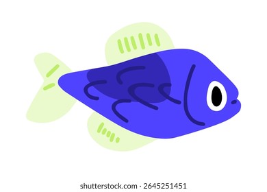 Ilustração de Peixe Tropical Azul. Bonito estilo cartoon peixe azul com barbatanas verde claro e olho preto negrito, isolado no branco. Ilustração plana em cores brilhantes, vista lateral.