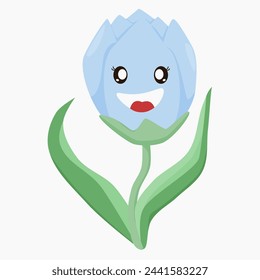 cartoon of blue tulip with funny face isolated on white background