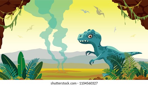 Cartoon blue tyrannosaur, green fern, stone cave and active geysers on a yellow sky. Prehistoric landscape with dinosaurs. Vector illustration with extinct animals. 