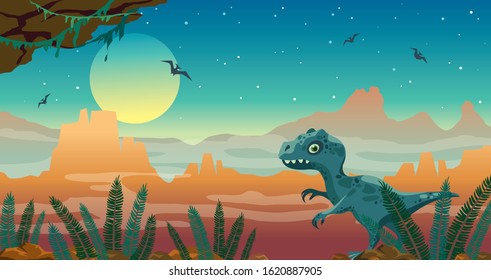 Cartoon blue tyrannosaur, green fern, stone mountains and silhouette of pterodactyls on a night blue sky. Prehistoric landscape with dinosaurs. Vector illustration with extinct animals. 