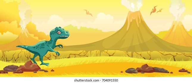 Cartoon blue tyrannosaur, yellow grass, active volcanoes and silhouette of pterodactyl on a sky. Prehistoric nature landscape. Vector illustration with dinosaurs. 