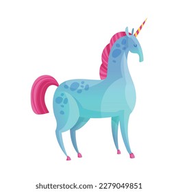 Cartoon blue unicorn with pink hair hooves and colorful horn vector illustration