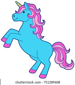 Cartoon Blue Unicorn With Pink Hair and Tail Standing