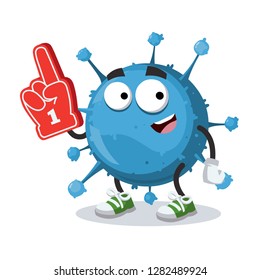 cartoon blue virus cell character mascot with the number 1 one sports fan hand glove on a white background