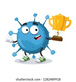 cartoon blue virus cell mascot holds the number one cup on white background