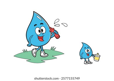 cartoon blue water droplet character splashing vector art.