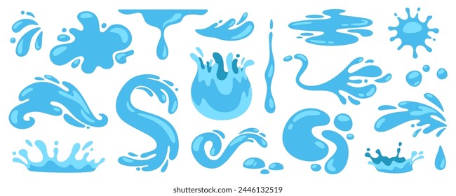 Cartoon blue water. Falling drops, tears and splashes. Liquid puddles, floating plop, aqua splat, different water shapes isolated on white background. Vector collection. Pure flowing liquid