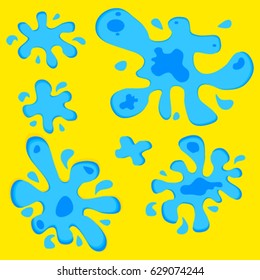 Cartoon blue water/aqua splash, drop, blot on yellow background. Round shape for banner, sticker, badge, sale. Vector illustration