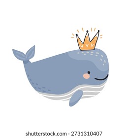 Baleia azul dos desenhos animados com uma coroa. Ilustração de estilo plano para um produto infantil, conceito de animais marinhos. Ilustração vetorial.