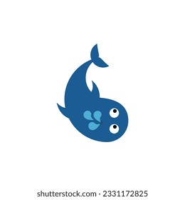 Cartoon blue whale with fountain. Top view. Vector design.