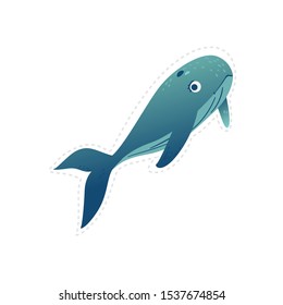 Cartoon blue whale isolated on white background - colorful marine sea animal with beautiful gradient swimming upwards, hand drawn vector illustration.