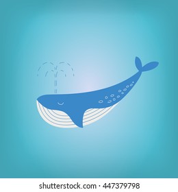 Cartoon blue whale. Nature, sea animal and wildlife theme. Whale fish isolated on light blue background for card, book, invitation. Vector whale in flat style. 