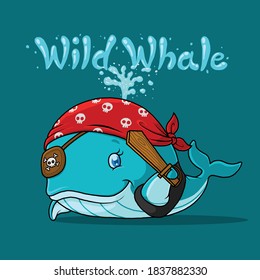 Cartoon blue whale pirate. shirt design.