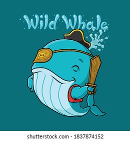 Cartoon blue whale pirate. t-shirt design.