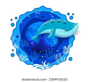 Cartoon blue whale and sea paper cut landscape with fish shoal and seaweeds. Vector marine animals, ocean water waves, coral reef plants and bubbles background in wavy frame of 3d papercut layers