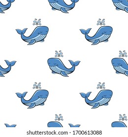 Cartoon blue whale with smiling happy face in seamless pattern. White background.