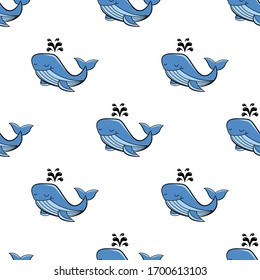 Cartoon blue whale with smiling happy face in seamless pattern. White background.