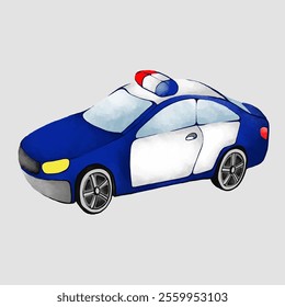 Cartoon blue and white police car on a white background. Watercolor vector illustration