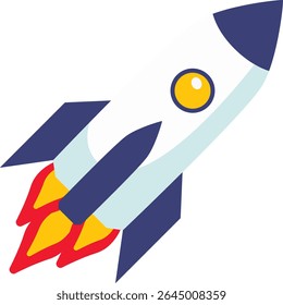 Cartoon blue and white rocket with red flames, soaring through space, perfect for space-themed designs, kids media, and education projects.