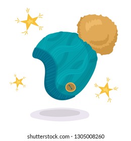 Cartoon blue winter hat vector illustration. Winter season. Beauty style. Vector cartoon set. Greeting illustration. Winter shopping concept.