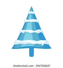 Cartoon blue winter tree with snow. Festive abstract tree ready for holiday decoration. Christmas theme vector illustration for poster, label, gift card or invitation decor