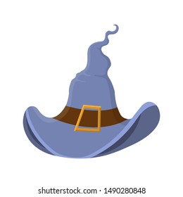 Cartoon blue witch hat with buckle isolated on white background. Children kid costume masquerade party. Design element for Halloween. Vector illustration.