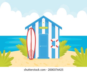 Cartoon blue wooden beach cabin with lifebuoy and surf. Beach landscape