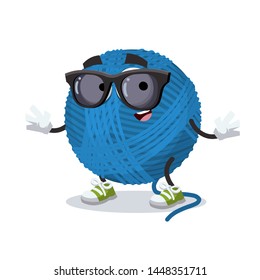 cartoon blue wool yarn ball character mascot in black sunglasses on a white background