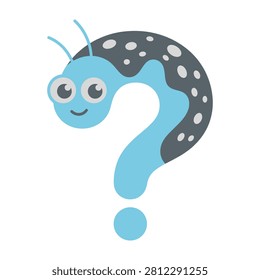 Cartoon blue worm with big eyes and smile forming a question mark on gray background with white spots