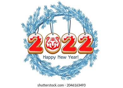 Cartoon blue wreath spruce Happy New Year, cookie 2022 year tiger