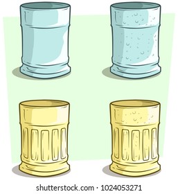 Cartoon blue and yellow empty glass for alcohol, beer or whiskey. Vector icon set.
