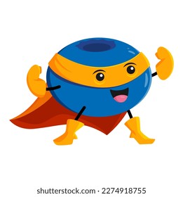 Cartoon blueberry berry superhero character. Vector super hero personage in cape and mask showing muscles. Funny cheerful fairytale healthy food, brave vitamin defender ready for adventure feat