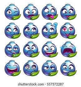 Cartoon blueberry character emotions set. Vector stickers, isolated on white.