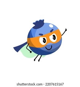Cartoon blueberry in super hero costume.