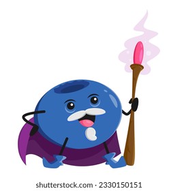 Cartoon blueberry wizard or magician berry character. Senior bearded vector sorcerer, magic personage in purple cape. Smiling wiz with mustaches and wooden staff. Juicy plant enchanter or necromancer