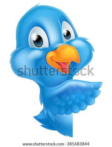 A cartoon bluebird bird character leaning around a sign and pointing with their wing