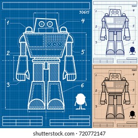 Cartoon blueprint of giant robot in 3 versions. 