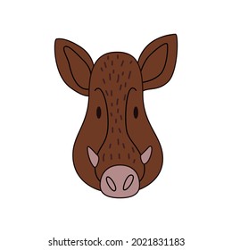 Cartoon boar head isolated. Colored vector illustration of a wild boar head with an outline on a white background. Cute animal illustration.