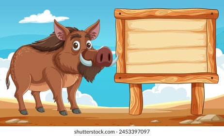 Cartoon boar next to a blank wooden sign.