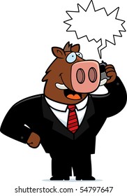 A cartoon boar in a suit talking on a cell phone.